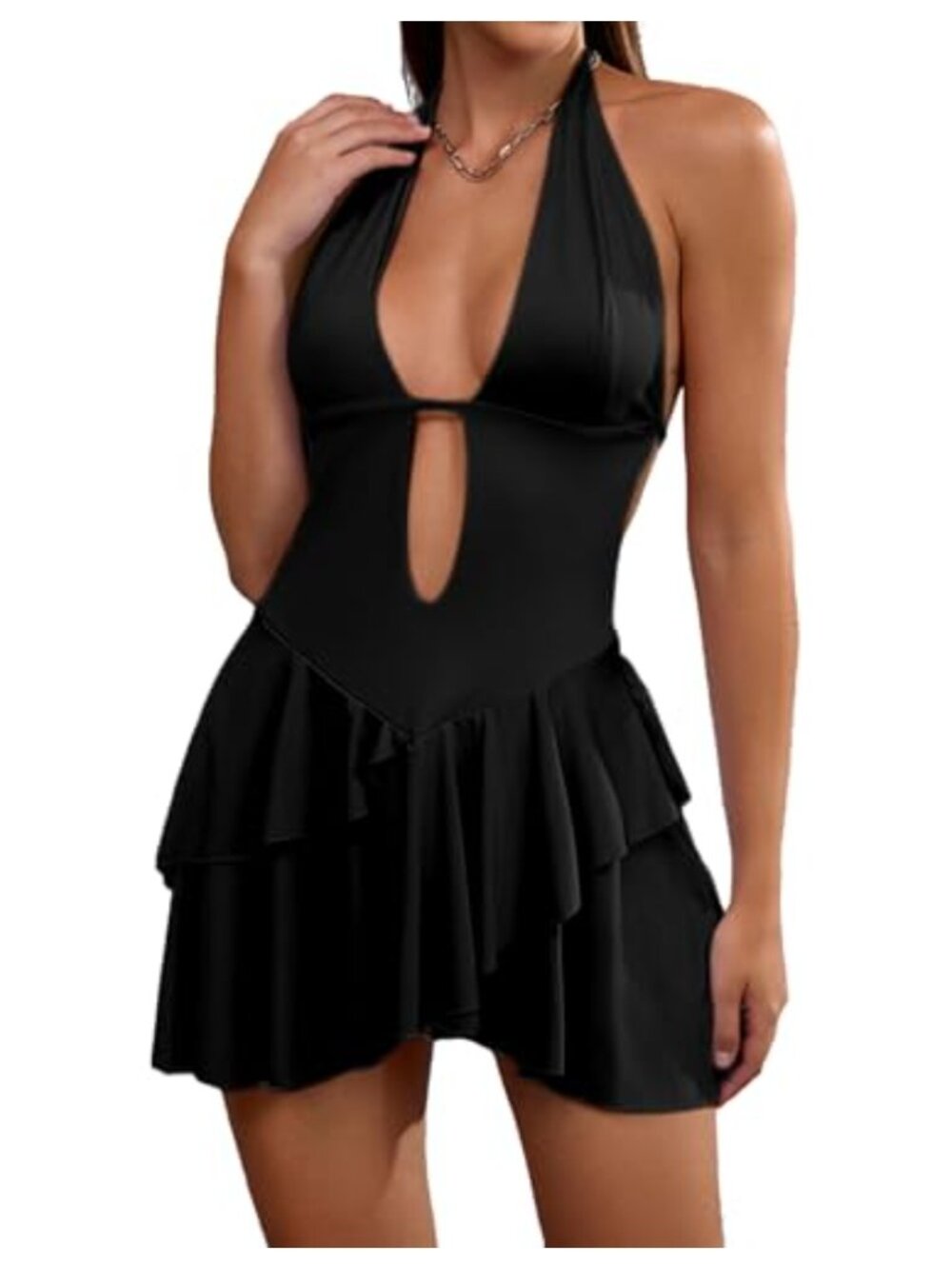 FEOYA Women's Deep V Neck Short Party Mini Dress Backless Tie Up Ruffle Club